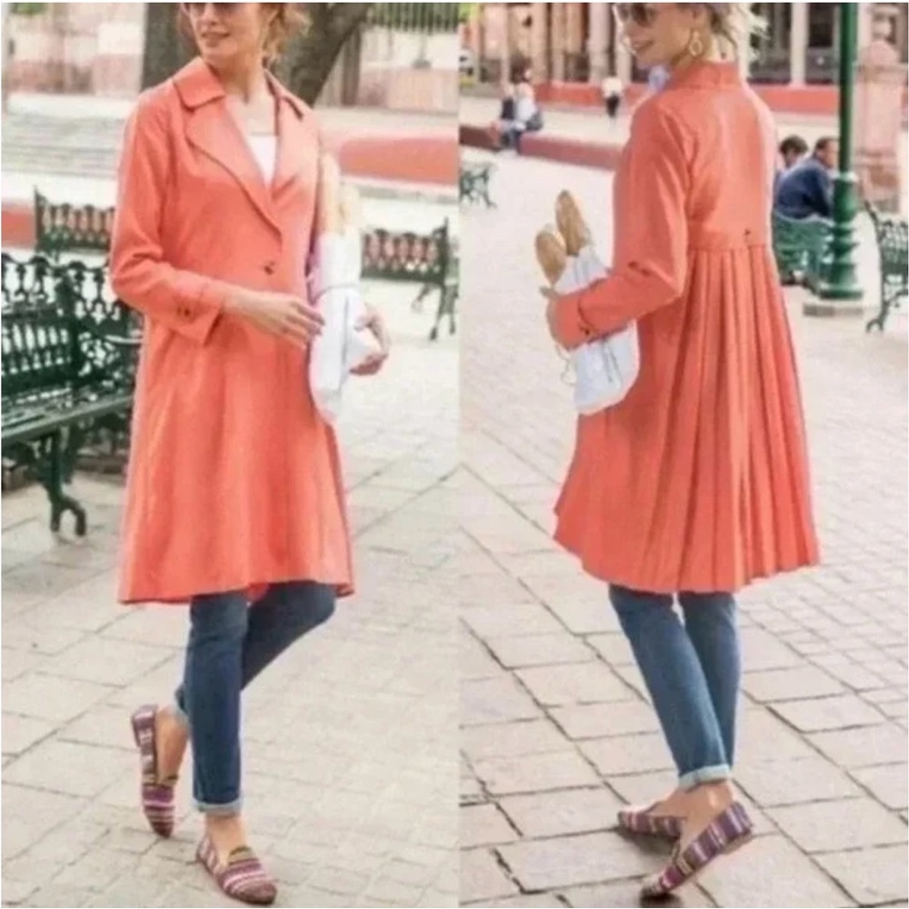 Soft Surroundings Coral Town & Country Trench Coat Pleated Back, Sz S